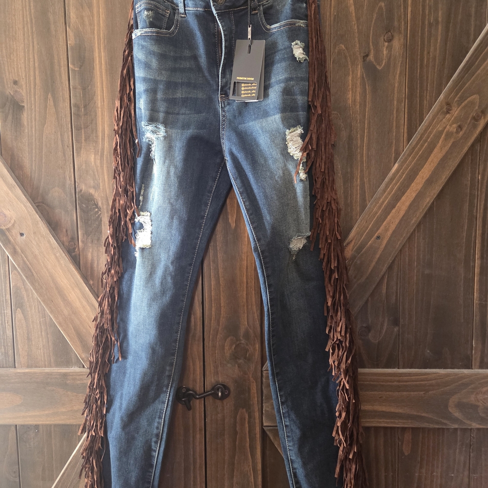 Stylish Blue Distressed Jeans with Brown Fringe